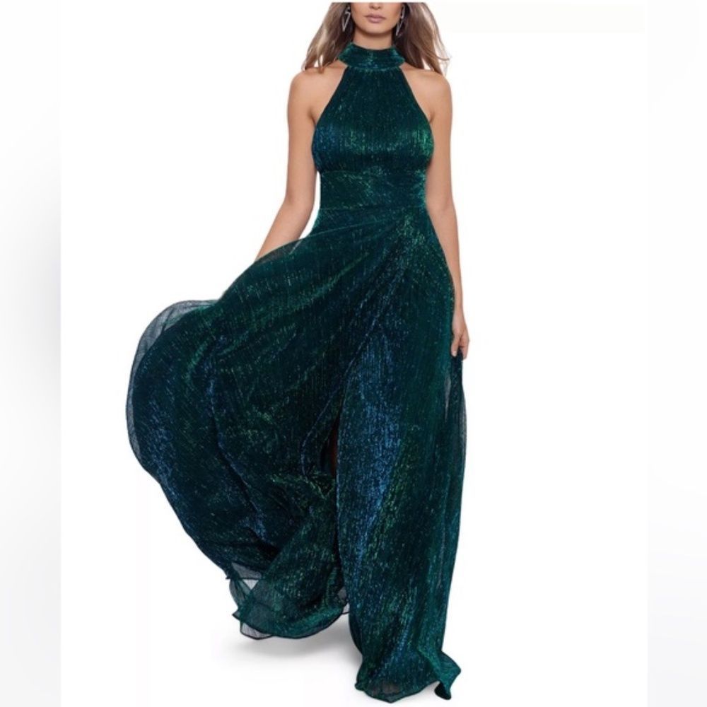 NWOT Betsy & Adam Halter Mock Neck Crinkle Faux Wrap Gown - size 8